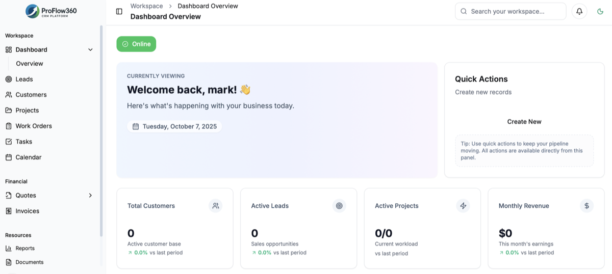 ProFlow360 CRM dashboard showing sales pipeline, customer timeline, and job scheduling