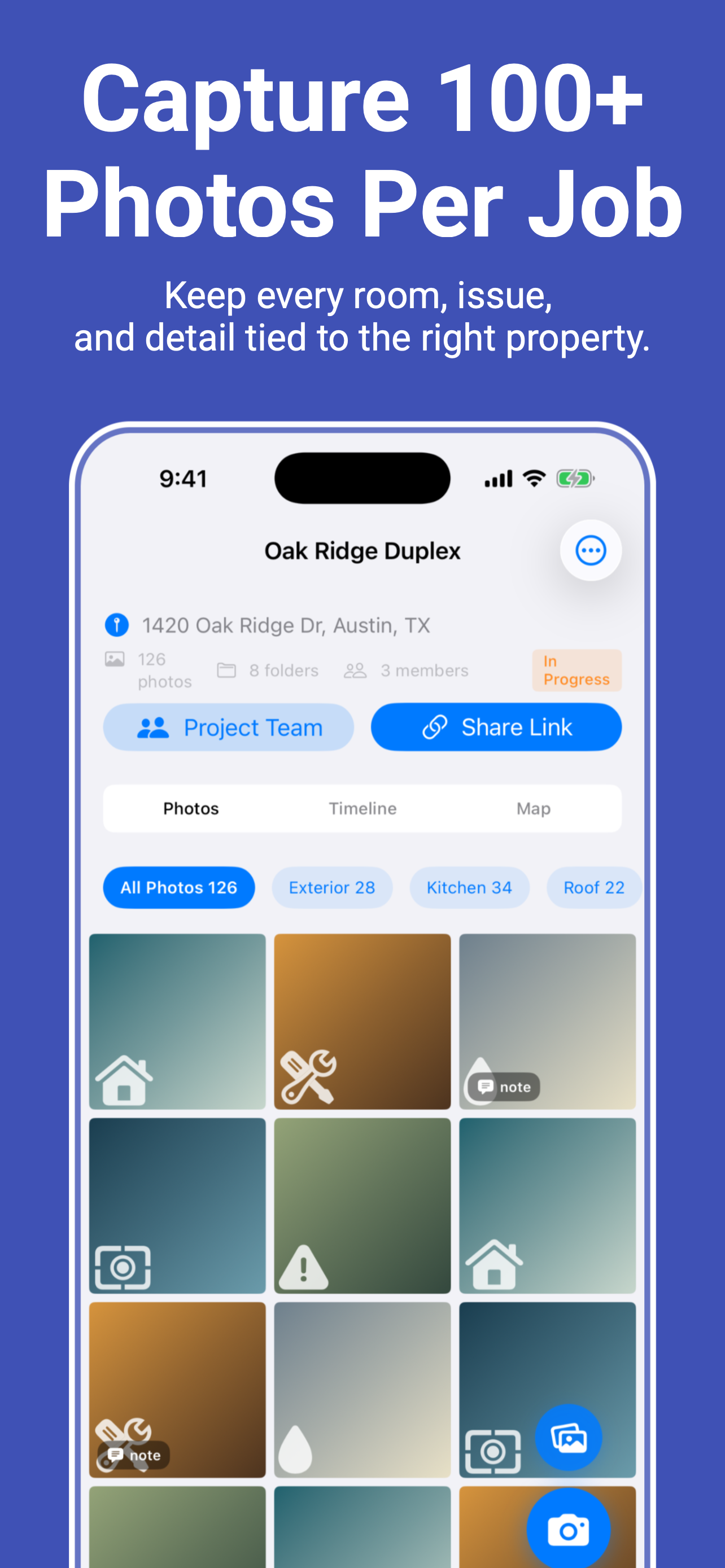 Photo capture grid showing room-by-room evidence on a property detail screen