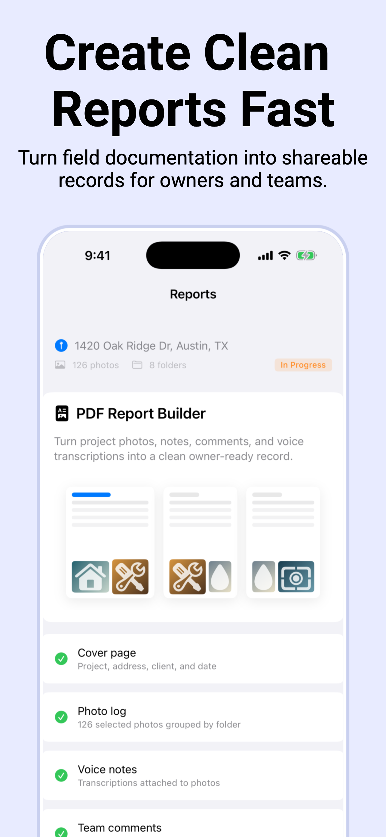 Report builder screen showing a clean PDF inspection report
