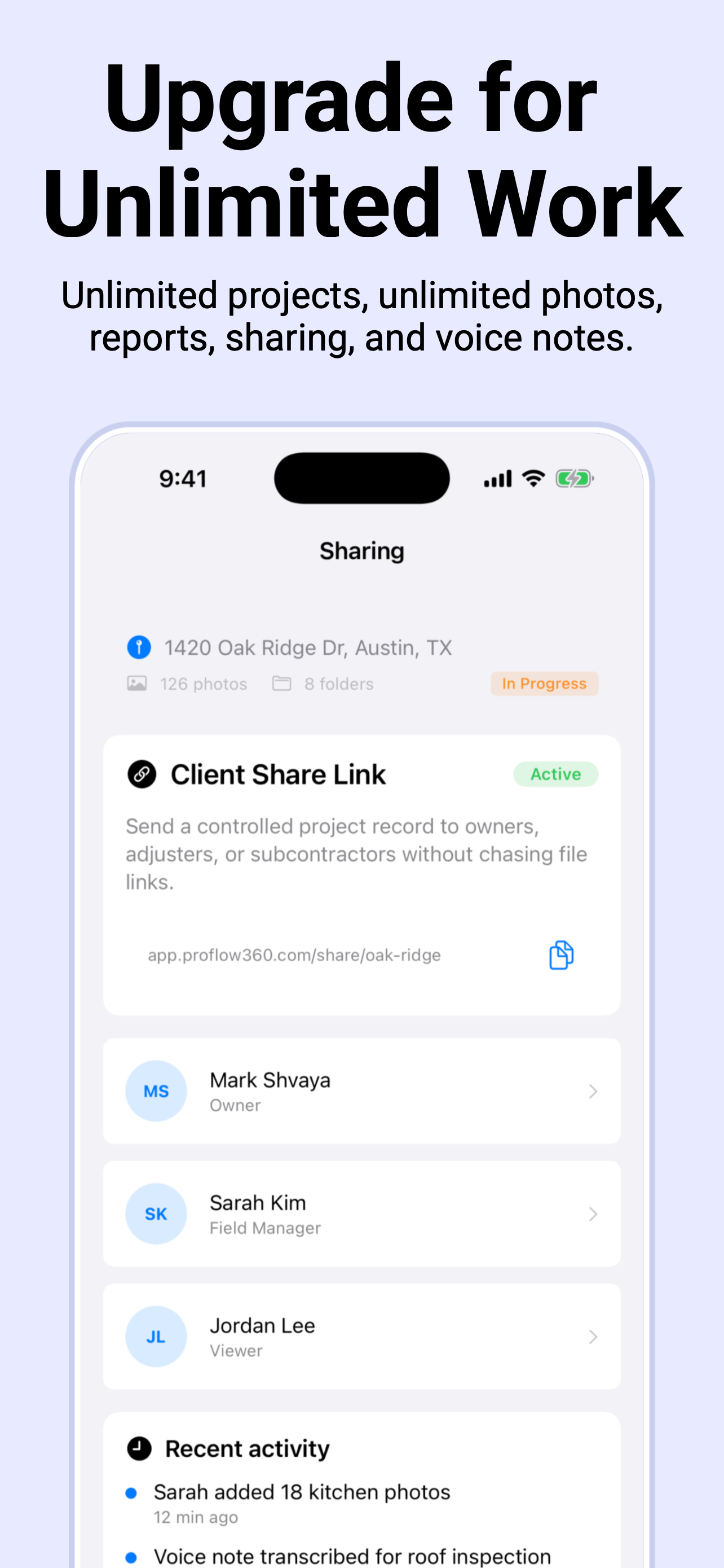 Share link screen for sending inspection report to clients