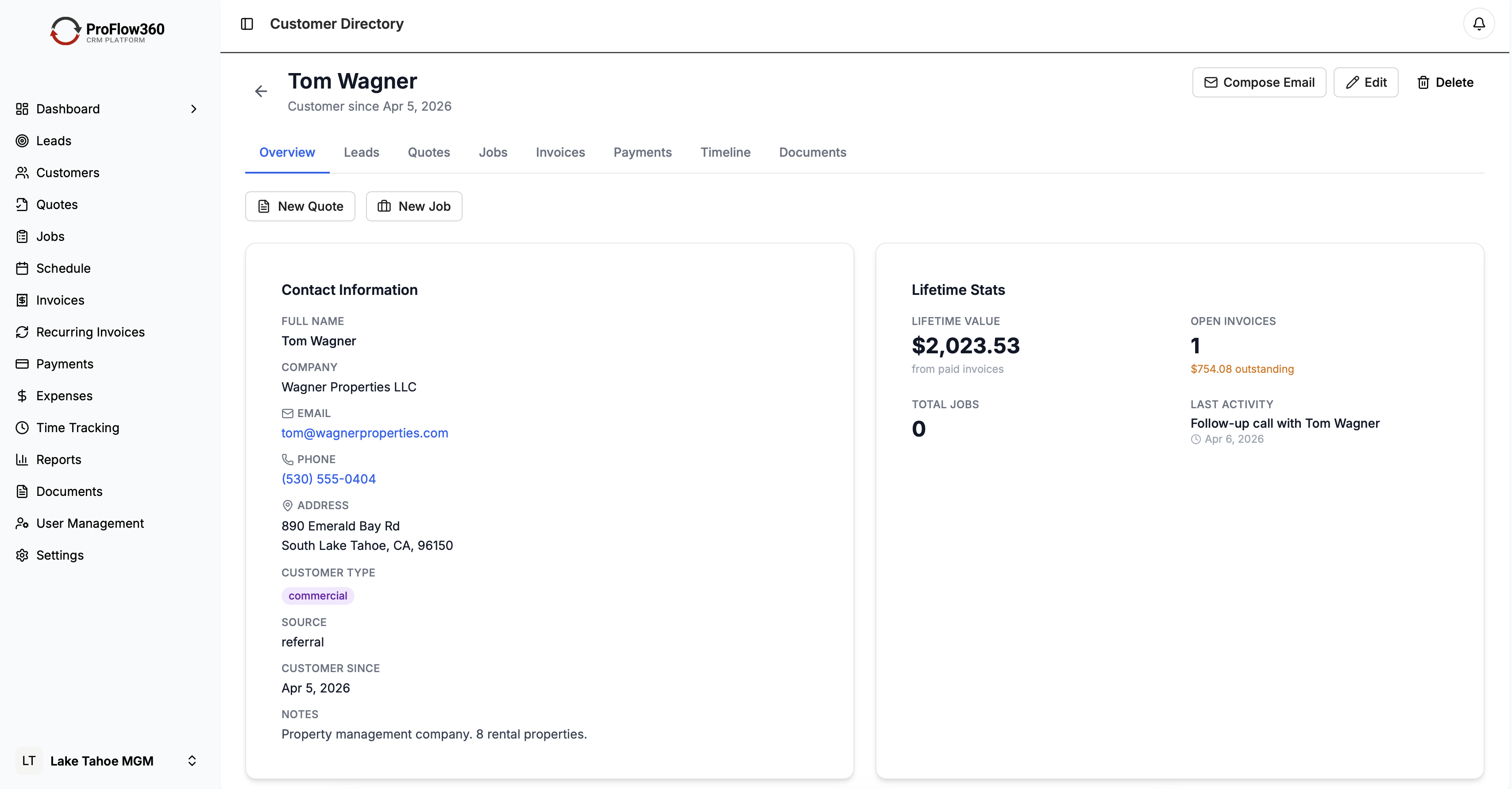 ProFlow360 dashboard for Service Businesses