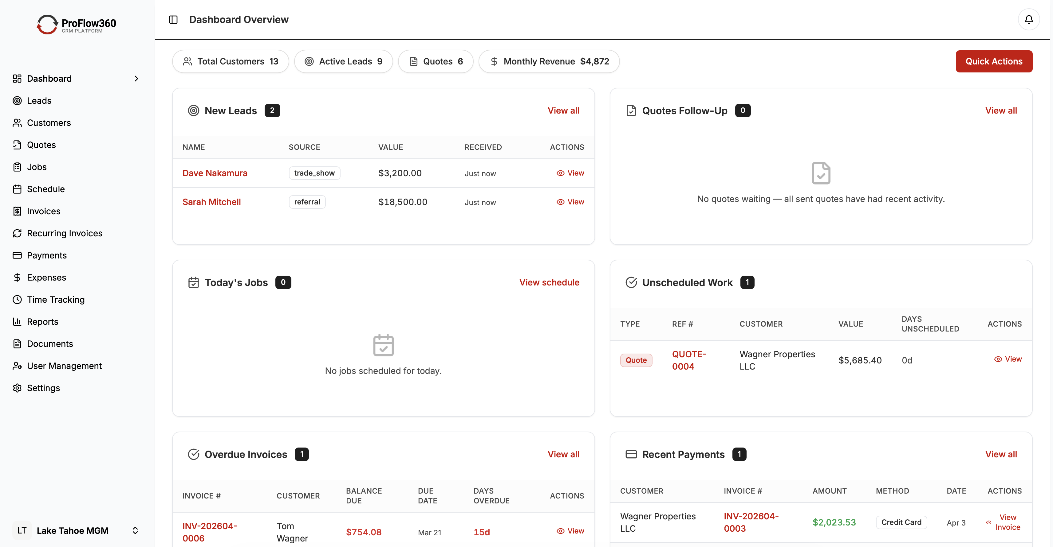 ProFlow360 CRM dashboard showing sales pipeline, customer timeline, and job scheduling