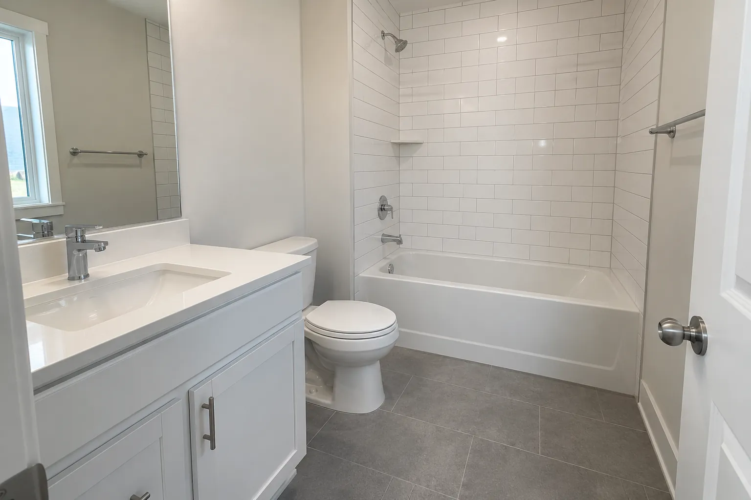 Bathroom at move-in: clean white tile and grout around the tub.