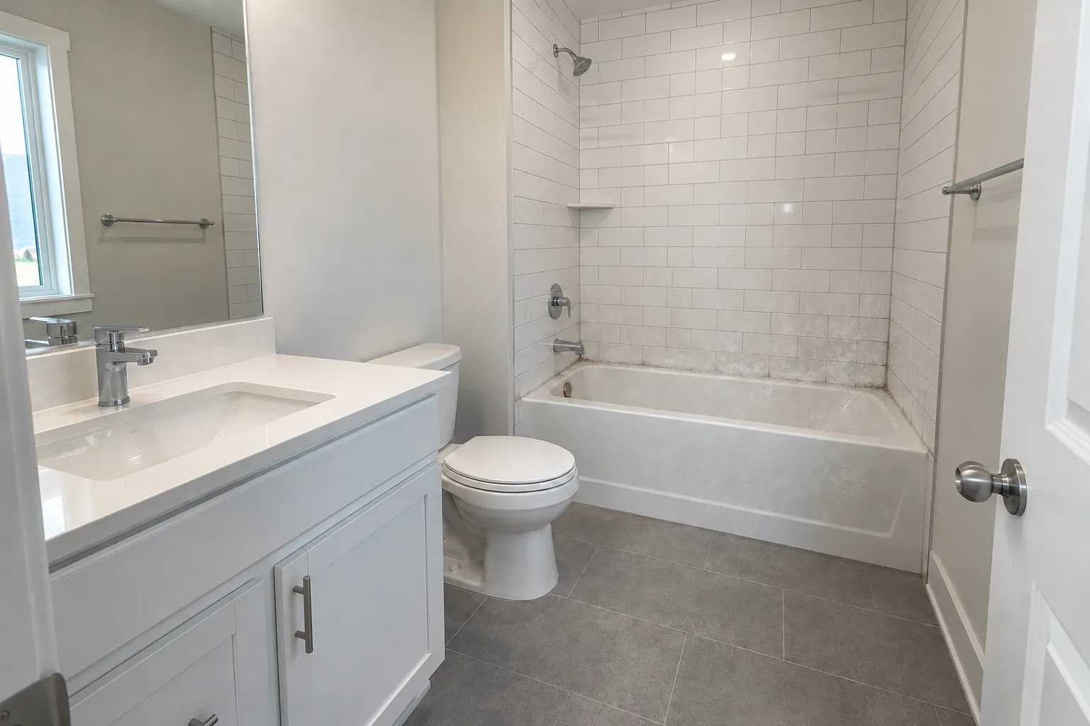 Bathroom at move-out: soap residue on the tile and darkened grout.