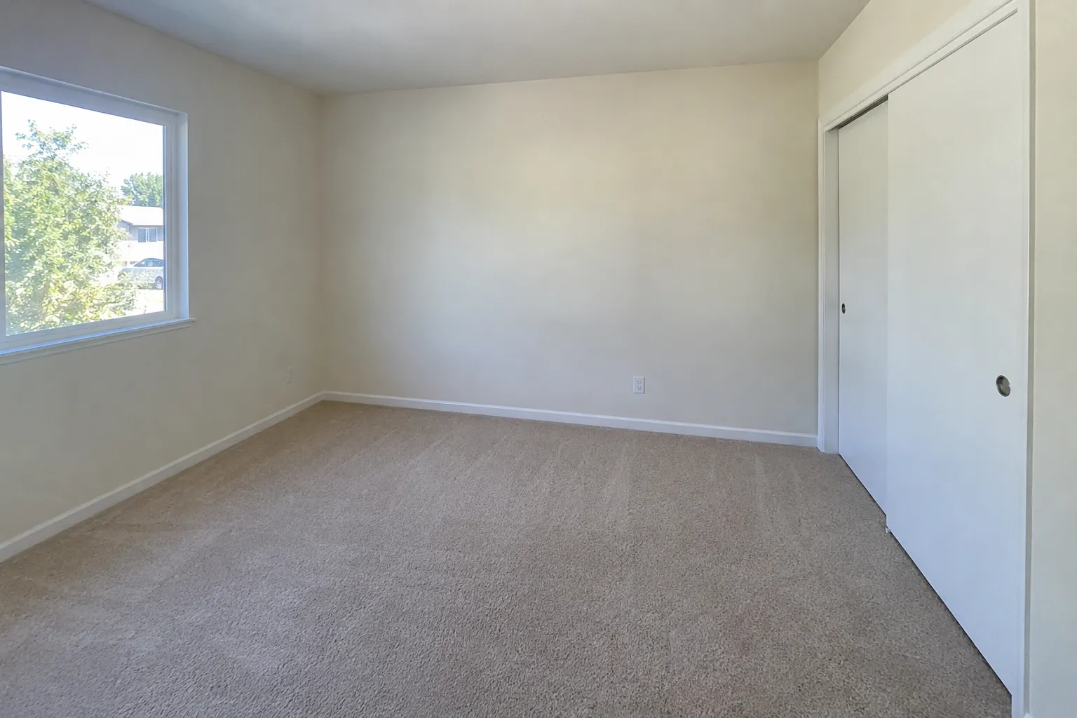 Bedroom at move-in: a bare wall above the carpet.